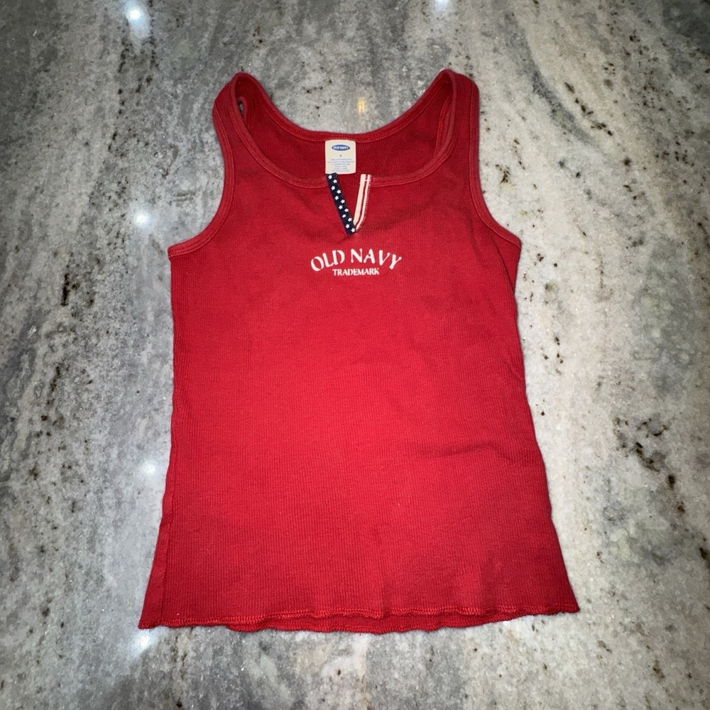 VTG Y2K Old Navy Ribbed Tank Top Red Logo V Neck 2003 Size Small USA Patriotic